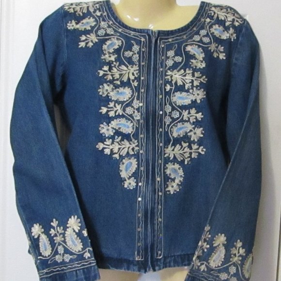 Women's Blue Denim Embroidered Jacket - Size M - Zip-Up Front Long Sleeve - Picture 3 of 5